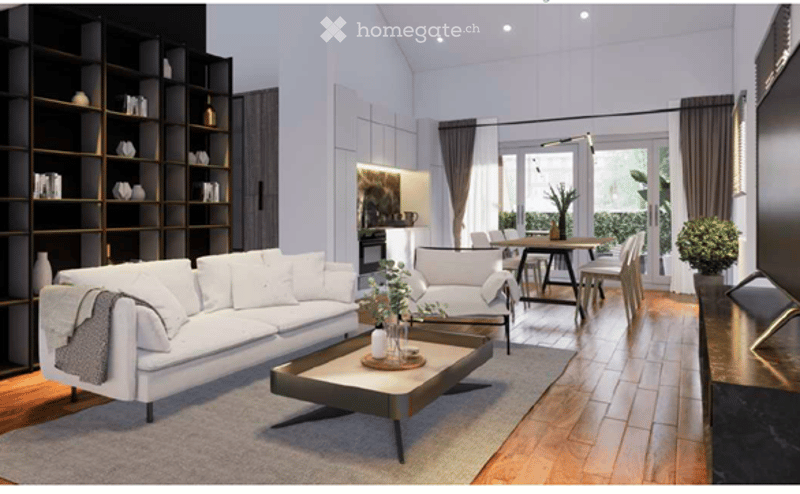 Modern living room with white sofa, coffee table, dining area with chairs and table, bookshelf, and decorative vases.