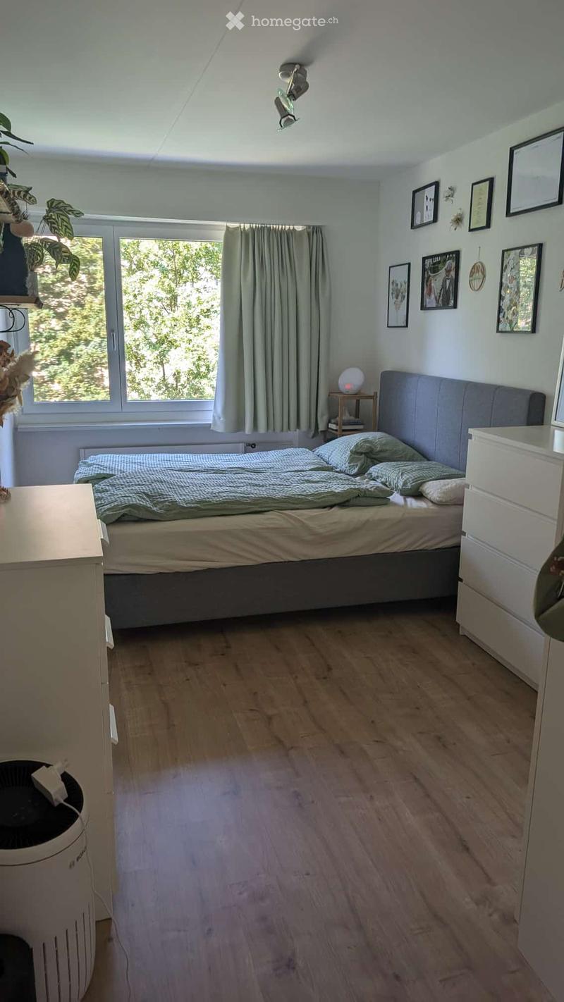 Cozy bedroom with wooden flooring, large window with green curtains, bed with grey headboard, nightstand with lamp, and decorative plants.