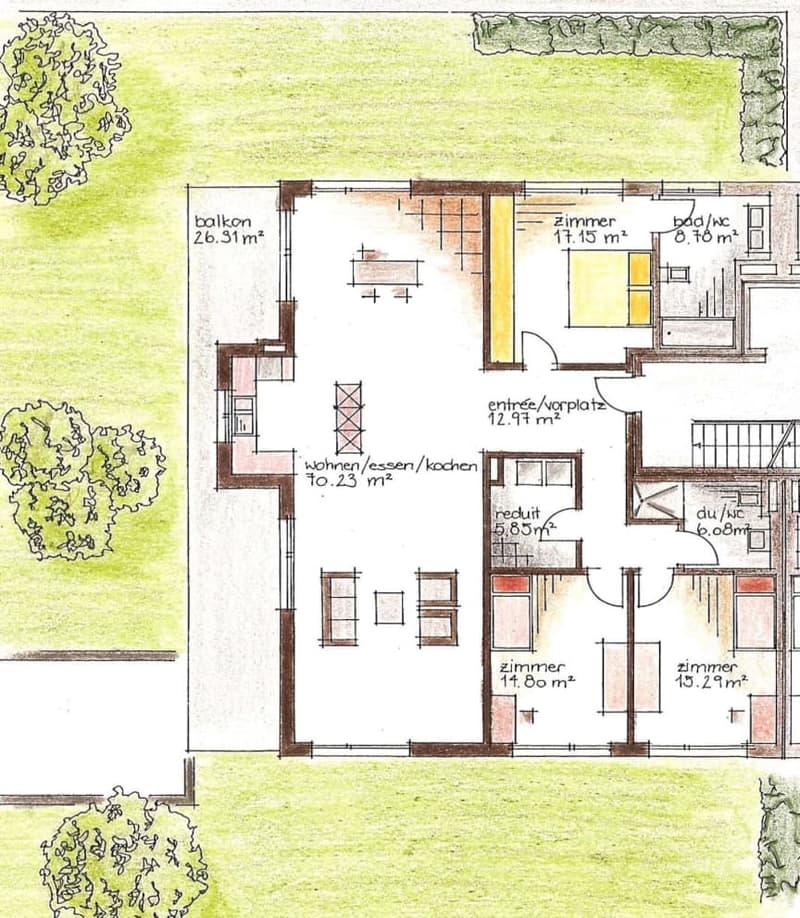 Floor plan of a house with multiple rooms including a living/dining/kitchen area, bedrooms, bathrooms, and a balcony.
