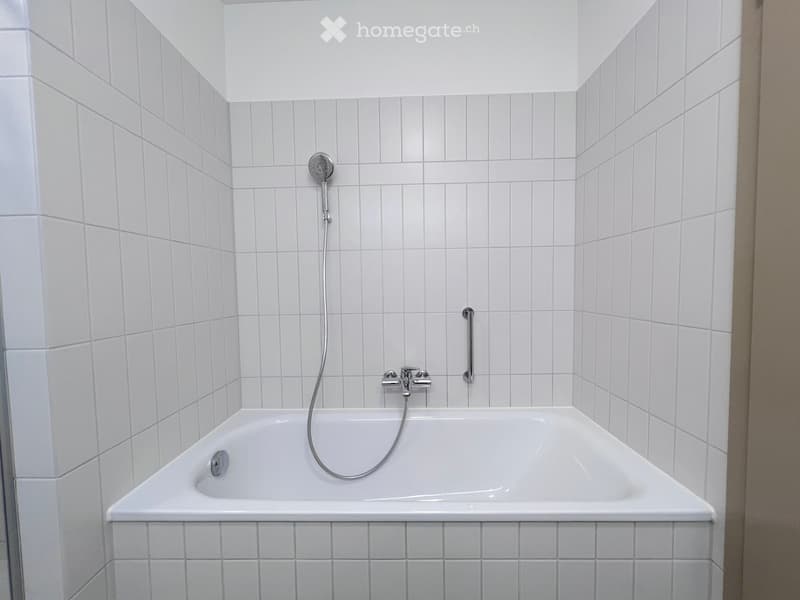 Modern bathroom with white tiled walls and a corner bathtub, equipped with a handheld showerhead and a handheld grab bar.