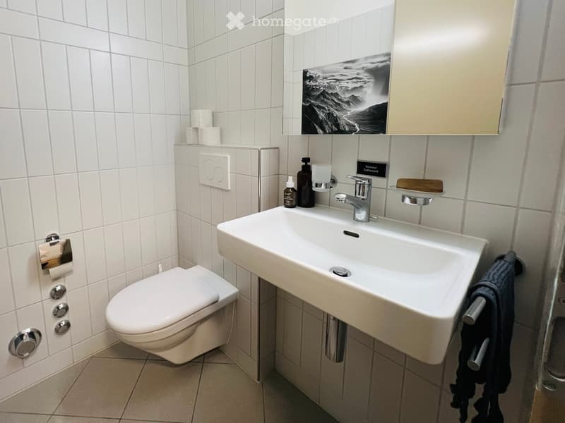 Modern bathroom with white tiles, a toilet, a sink with a chrome faucet, a mirror with a picture, and a towel hanging on a rack.