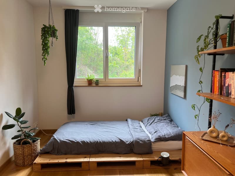 Cozy bedroom with a wooden platform bed, nightstand, shelves with books, potted plants, and a hanging plant. The room features light blue walls and large windows with a view of greenery.