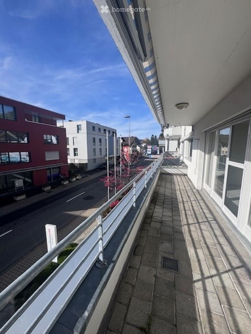 An outdoor terrace with brick flooring and metal railings, overlooking a street lined with buildings.