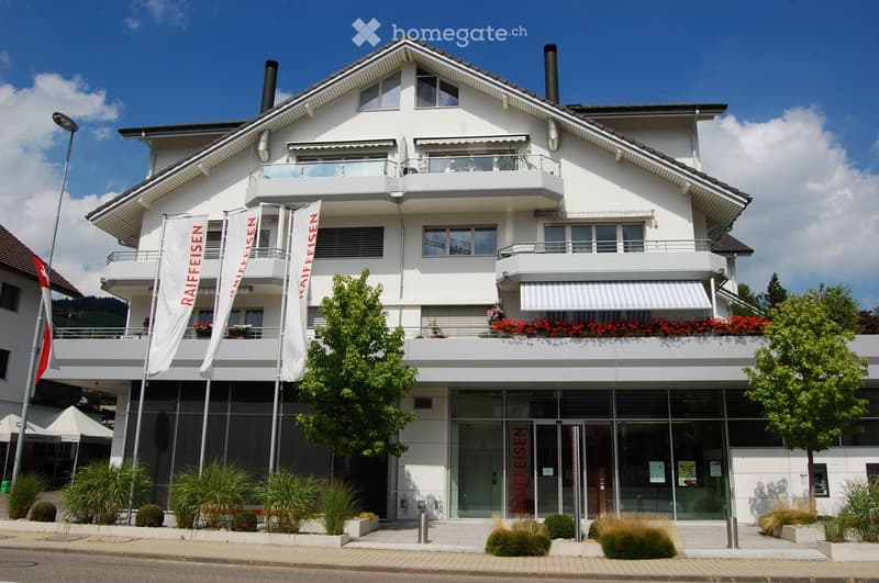 modern building, glass entrance, balconies, red flowers, banners