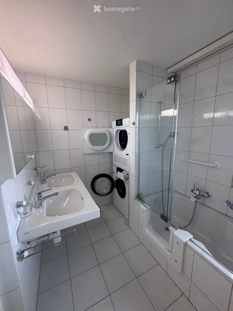Double sink, shower, bath, two washing machines, microwave, mirror
