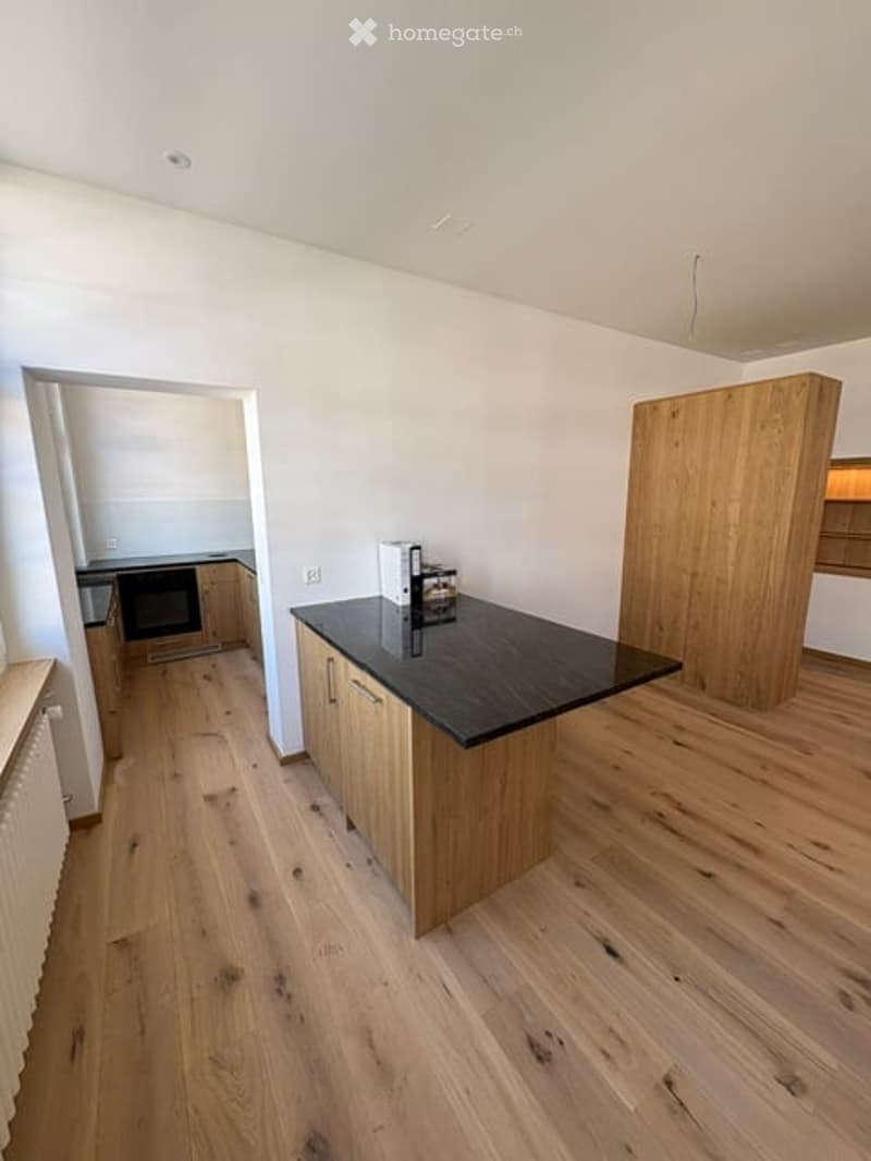 Modern kitchen with wooden flooring, black countertop island, built-in cabinets, and an oven. The space is bright and organized with a radiator along one wall.