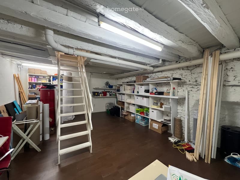 The room is a storage or utility space with wooden flooring, exposed pipes, and shelves filled with various items. A ladder is positioned in the center, and there are storage boxes, a fan, and a chair visible.