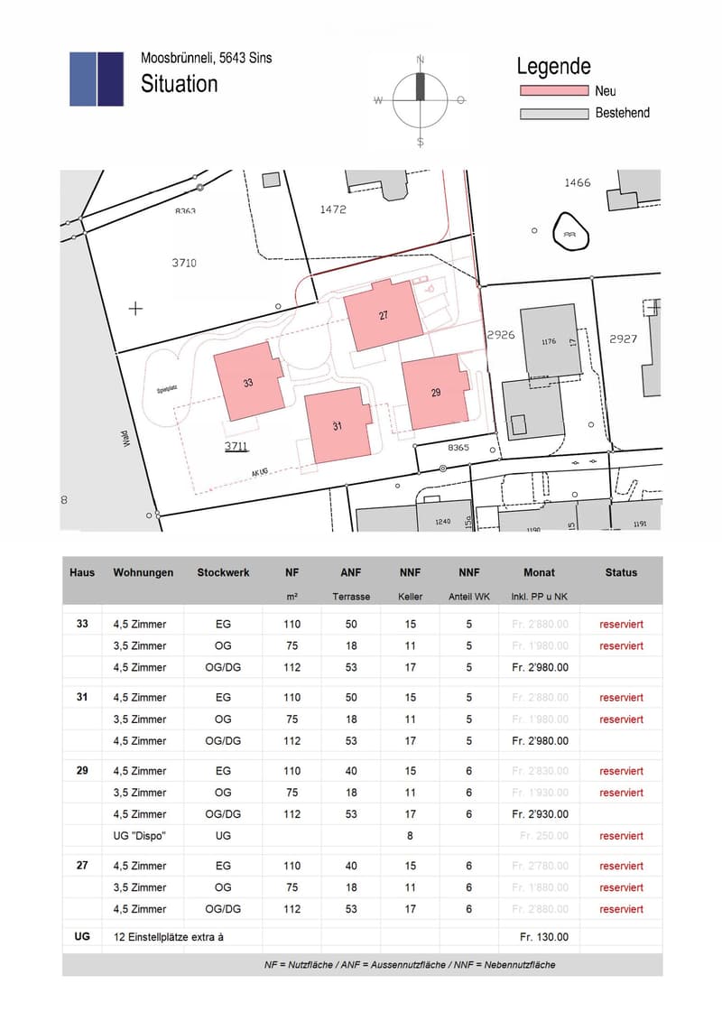 Floor plan and table showing residential units in Moosbrünneli, Sins. Includes layout of buildings, numbered plots, and detailed unit specifications with floor levels, room counts, net area, terrace size, basement area, and monthly rent.