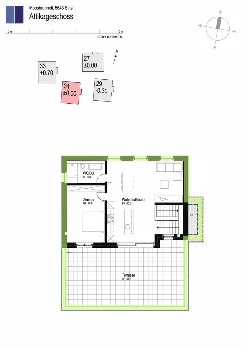 Attic floor plan showing a living/kitchen area, bedroom, bathroom, and terrace.
