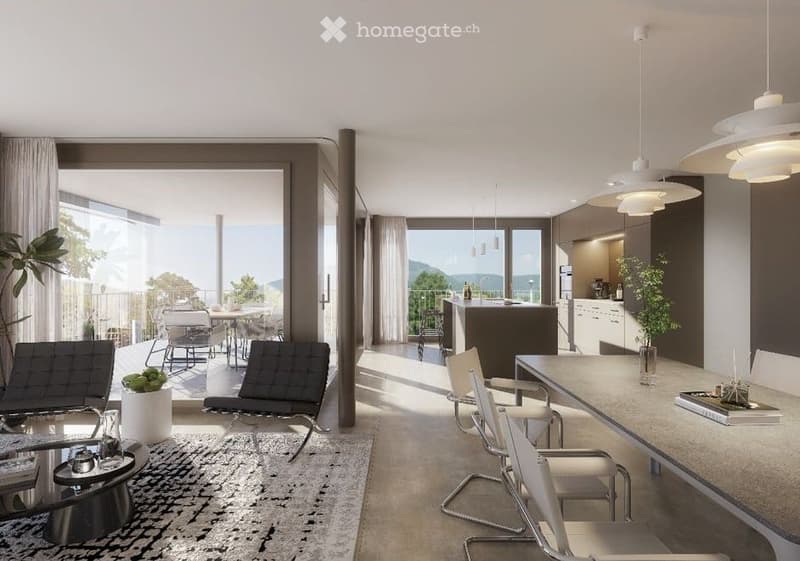 Modern open-plan living and dining area with sleek furniture, pendant lights, and a view of the balcony and outdoor seating area.