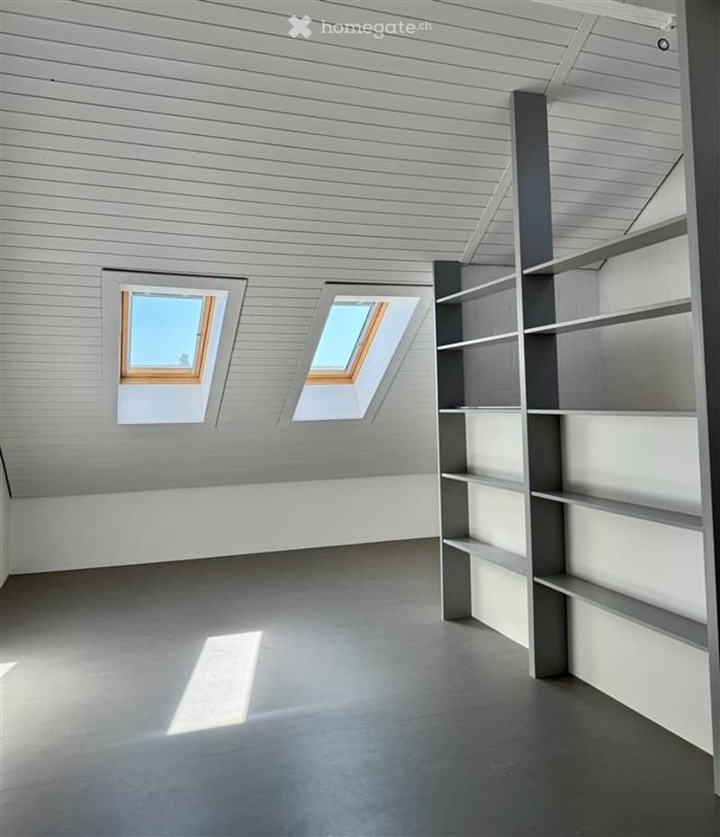 Unfurnished Room. Empty attic space with exposed wooden beams, grey walls, and two skylights. Features built-in shelving units along one wall.