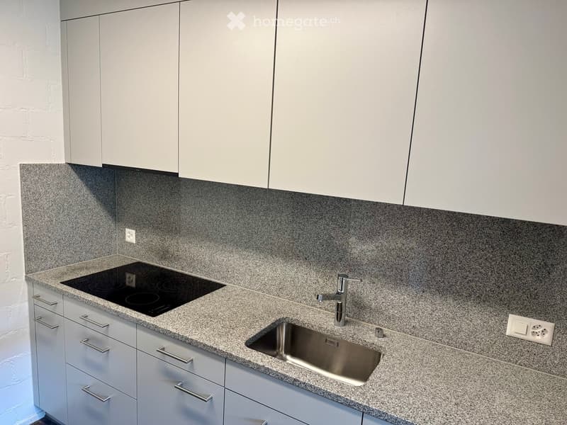 Kitchen. Modern kitchen with white cabinets, granite countertop, induction stove, and stainless steel sink.