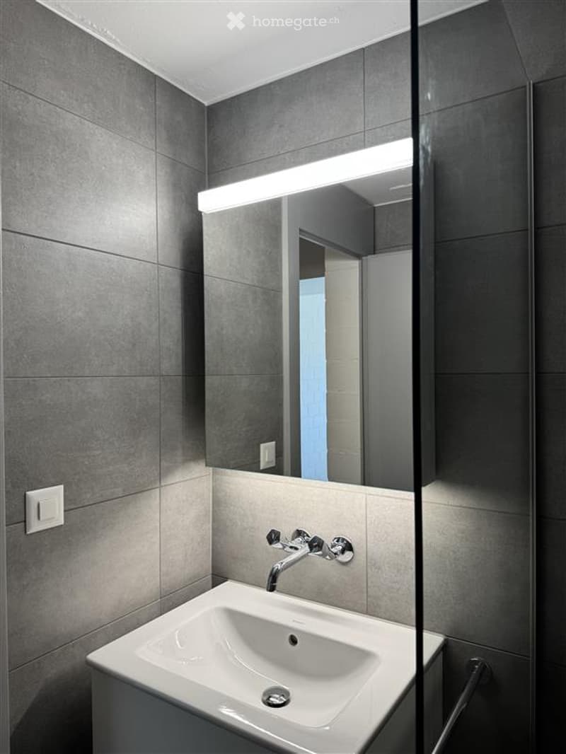 Bathroom. Modern bathroom with a white sink, chrome faucet, large mirror with built-in lighting, and grey tiled walls.