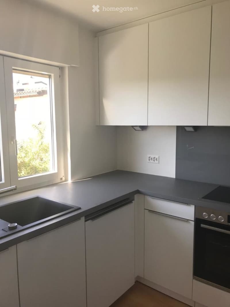 Modern kitchen with white cabinets, dark countertops, and stainless steel appliances including a sink, oven, and dishwasher. A window provides natural light.