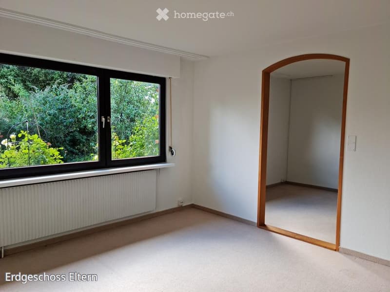 Empty room with white walls, carpeted floor, large window with view of greenery, radiator below window, and an arched doorway leading to another space.