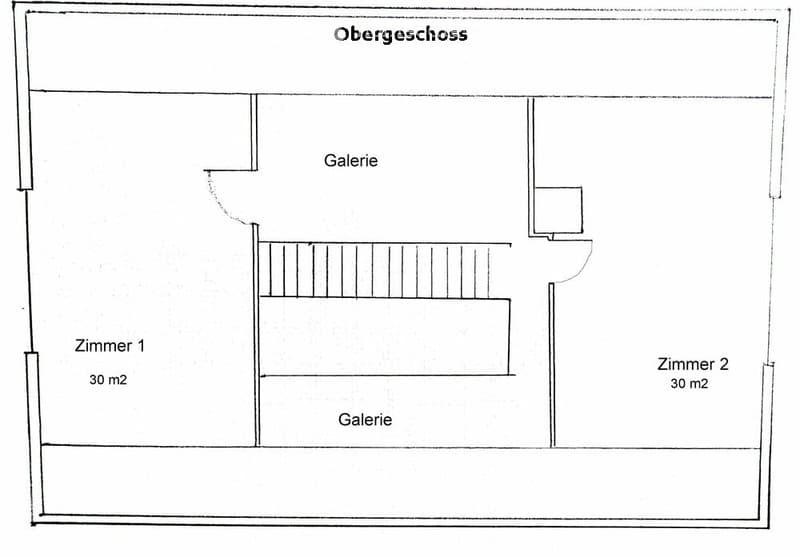 Upper floor layout showing two rooms (Zimmer 1 and Zimmer 2), each 30 m2, with a gallery area connecting them.