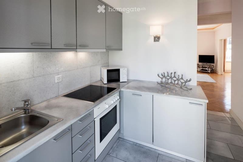 Modern kitchen with grey cabinets, white countertops, stainless steel sink, microwave, induction stove, and oven. A small living area with a TV and table is visible in the background.