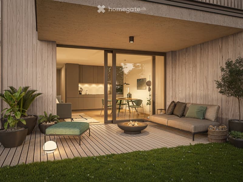 Modern outdoor patio with wooden decking, a sectional sofa, ottoman, fire pit, dining table, chairs, and potted plants.