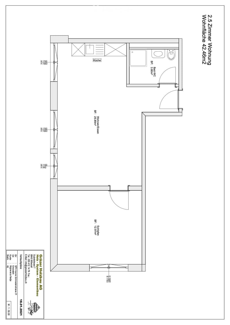 Floor plan of a 2.5-room apartment with a kitchen, living/dining area, bedroom, and bathroom.