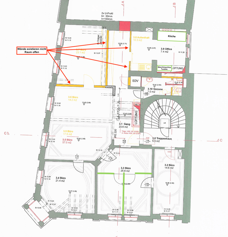 Floor plan showing multiple rooms including offices, kitchen, hallway, staircase, and utility area. Rooms labeled with sizes and room numbers.