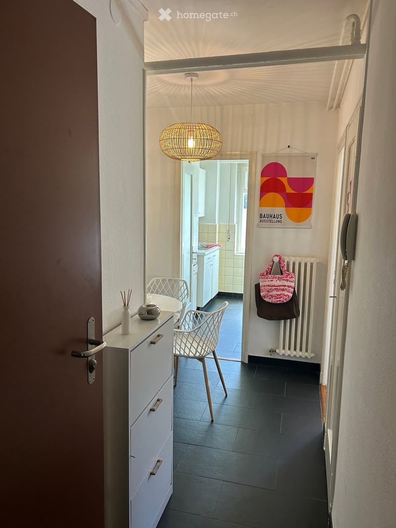 Modern hallway with dark tiled floor, white walls, a hanging woven pendant light, a small table with decorative items, and a view into an adjacent room with white furniture and a radiator.