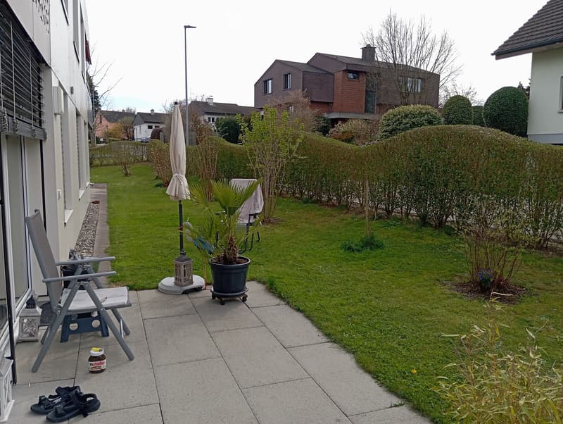 Garden area with a lawn, potted plant, outdoor chair, and umbrella. A jar of Nutella and a pair of sandals are on the patio.