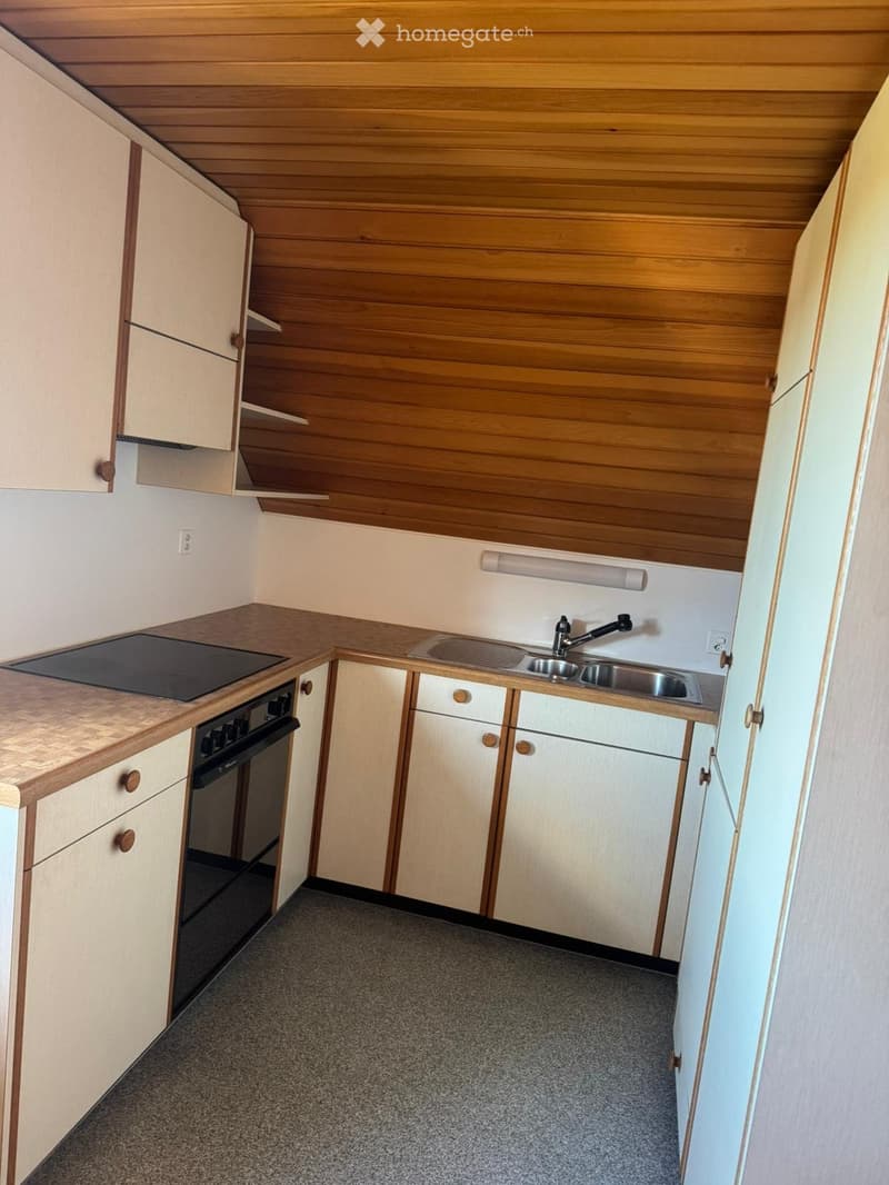 Compact kitchen with wooden cabinets, a stove, a sink, and a faucet.