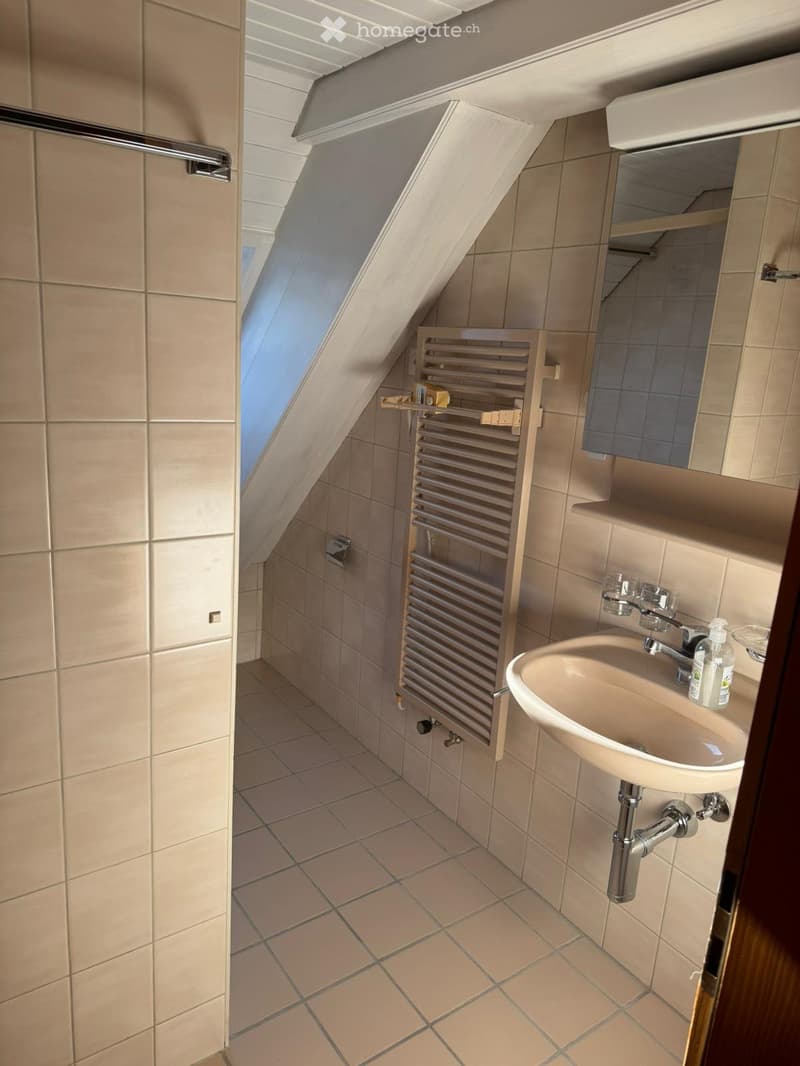 Small bathroom with beige tiles, a white sink, a radiator, and a mirror. The room has a skylight window and a door leading to another area.