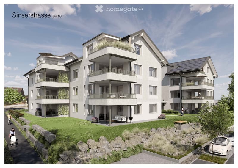 Modern multi-story residential building with balconies, green landscaping, and solar panels on the roof.