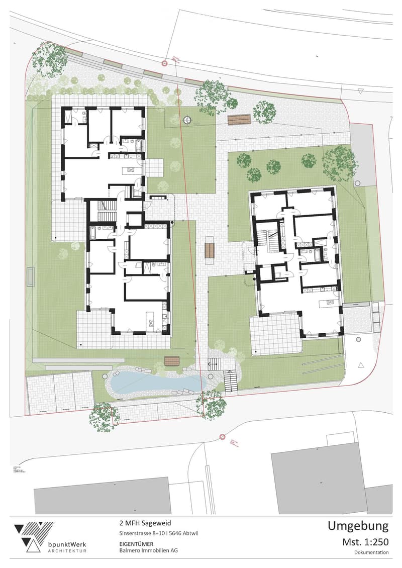 Floor plan of a multi-family house (2 MFH Sageweid) showing three residential units, a swimming pool, and surrounding greenery.