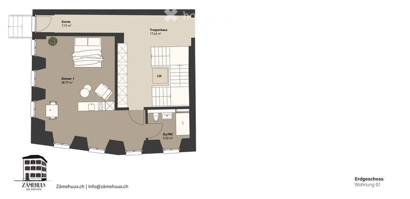 Floor plan of a ground floor apartment with an entrance, bedroom, living room, bathroom, staircase, and elevator.