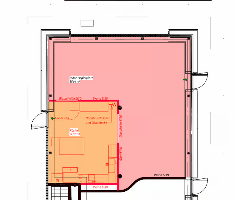 Floor plan showing an indoor play area, kitchen, and hallway with labeled dimensions and wall types.
