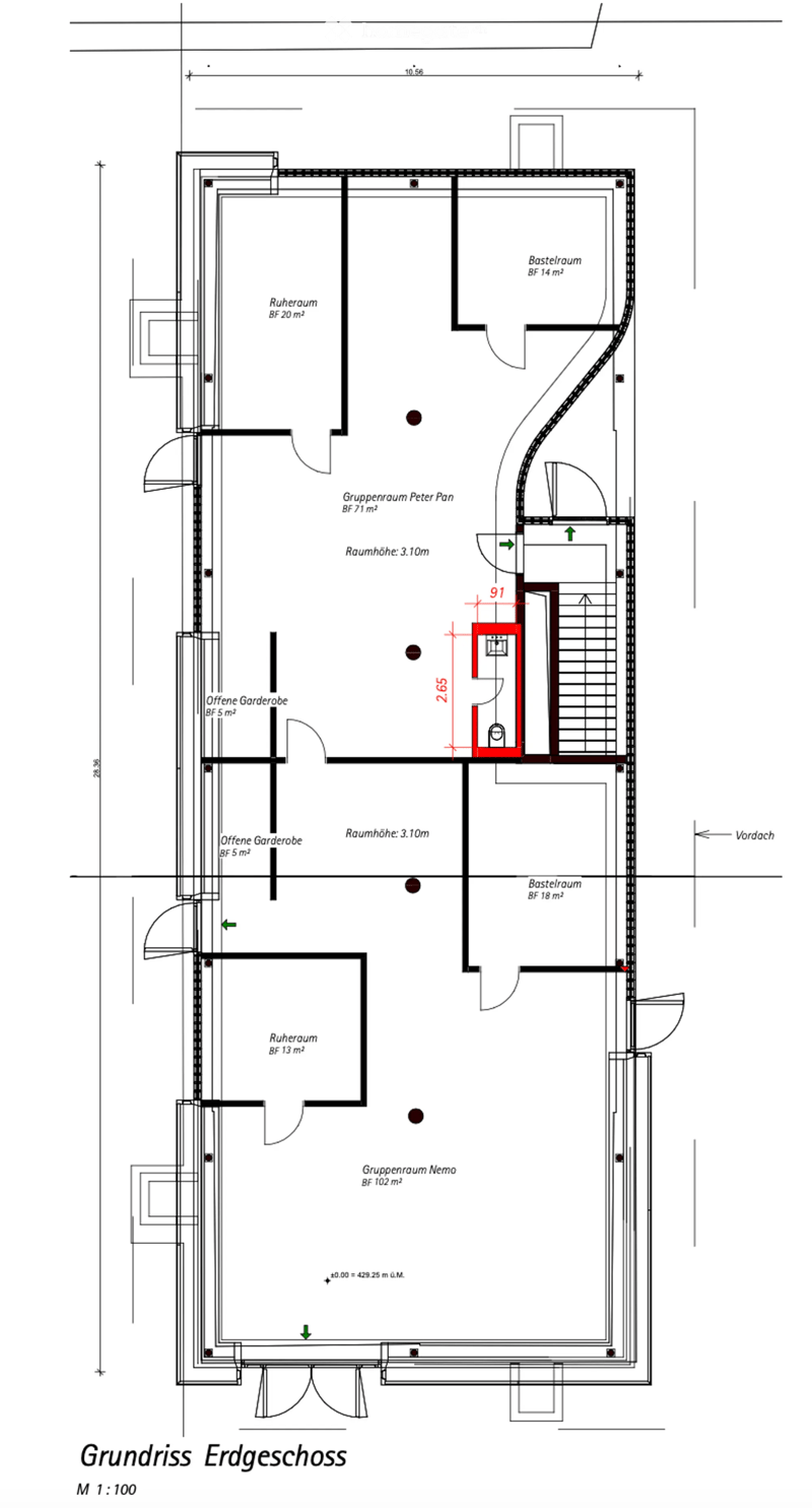 Ground floor plan showing multiple rooms including group rooms, storage rooms, open garden areas, and a staircase.