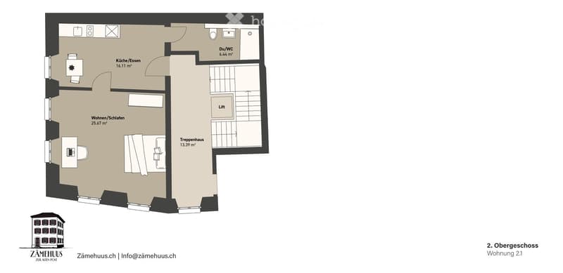 Floor plan of a 2nd floor apartment featuring a kitchen/dining area, living/sleeping area, staircase, bathroom, and elevator.