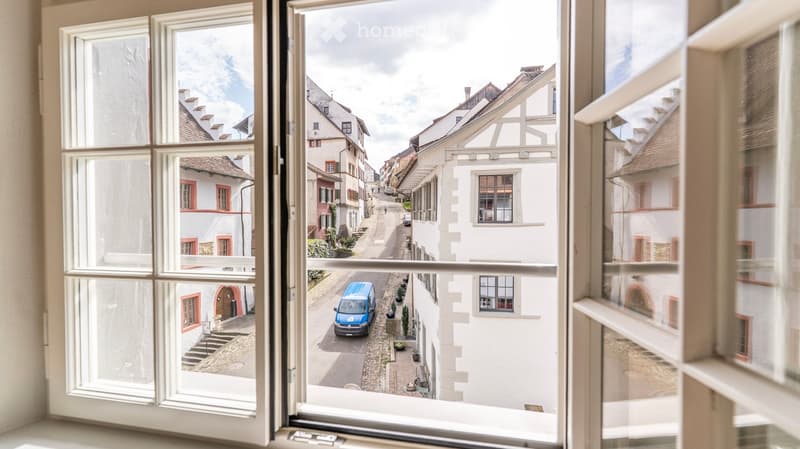 View from a window showing a charming European town street with traditional houses, cobblestone pavement, and a blue van parked on the road.