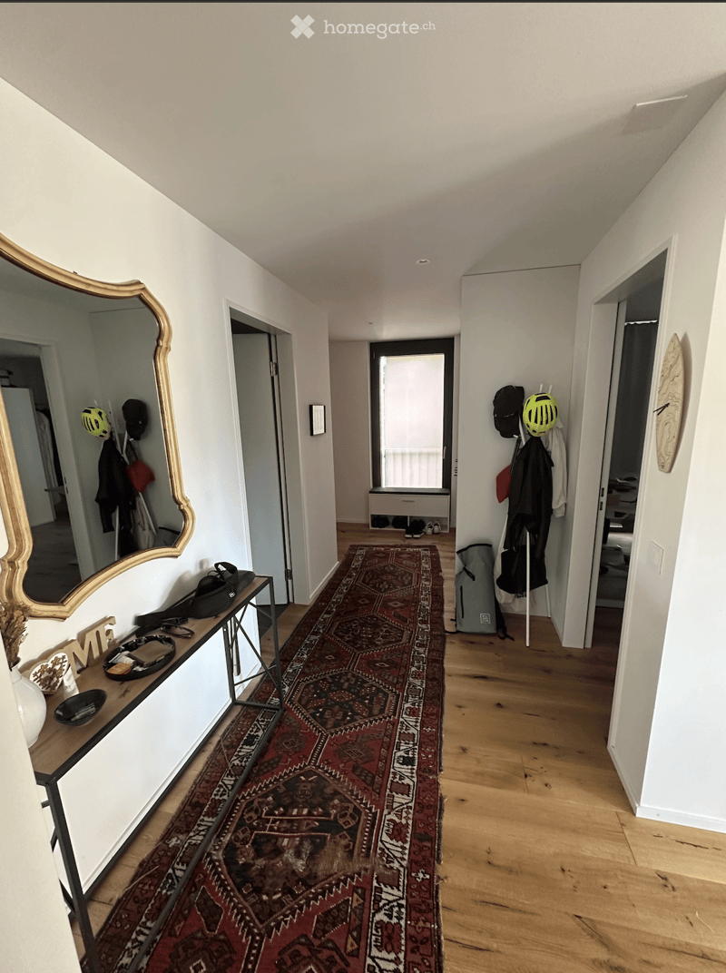 A narrow hallway with wooden flooring, a patterned rug, and several doors leading to other rooms. A small table with a mirror and some items is visible on the left, and coats and bags are hanging on the right.