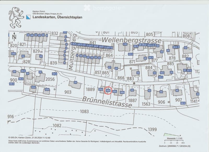 Overview map of a residential area in Wellenbergstrasse and Brunnelisstrasse, showing numbered plots and streets.