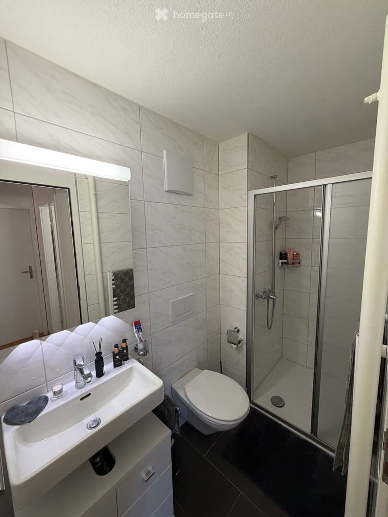 Modern bathroom with white tiles, a large sink with a mirror, a toilet, and a glass-enclosed shower. The sink has a towel, cosmetics, and a cup on it.