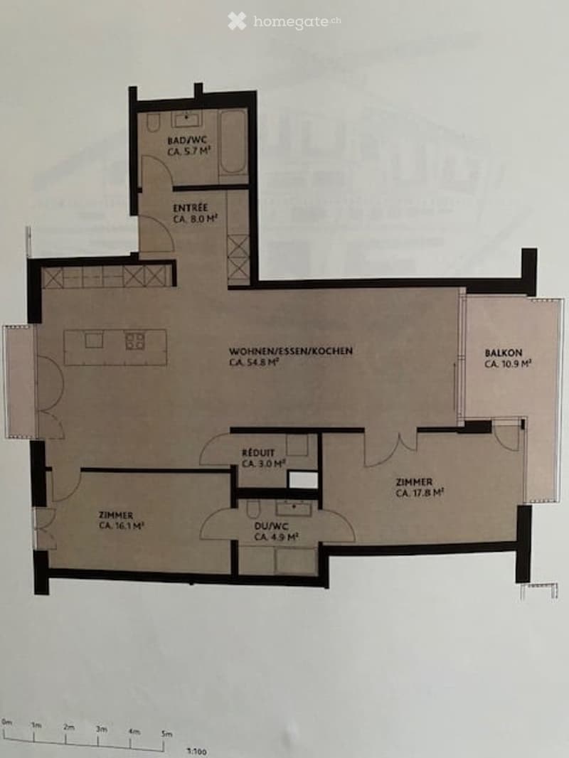 Floor plan of a 3-room apartment with a living/dining/kitchen area, two bedrooms, two bathrooms, and a balcony.