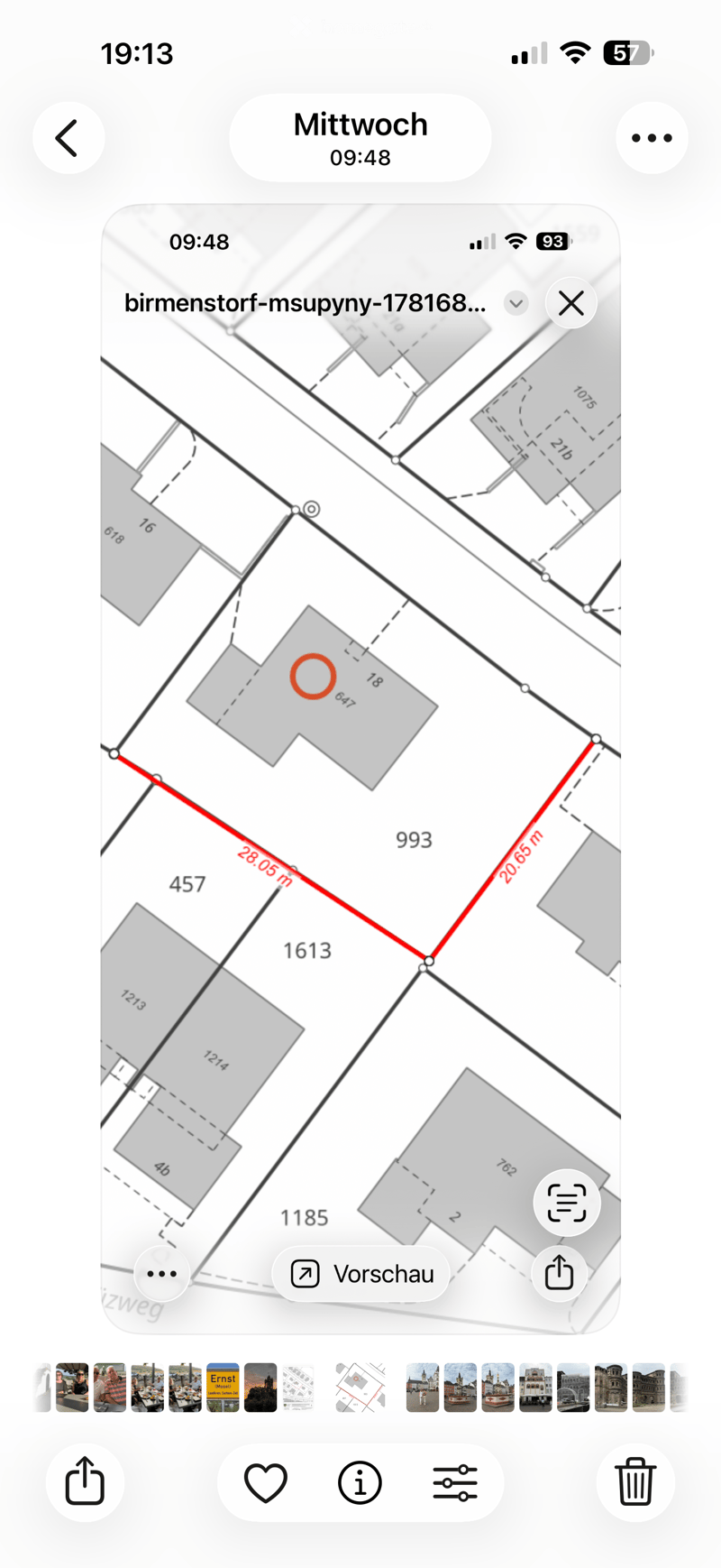 Floor plan of a building with multiple rooms and labeled dimensions, showing a highlighted path in red.