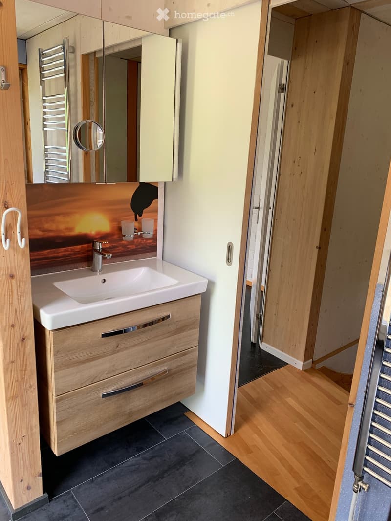 Modern bathroom with a white sink, wooden cabinet, mirror, and decorative wall art featuring a sunset scene.