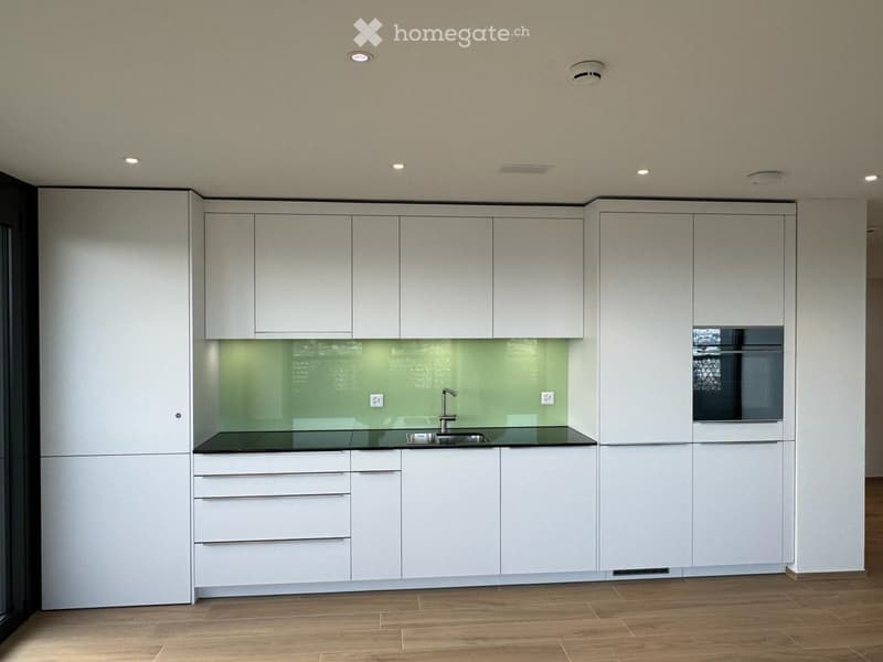 Modern kitchen with white cabinets, a black countertop, and a green backsplash. Features a sink with a modern faucet and built-in storage.