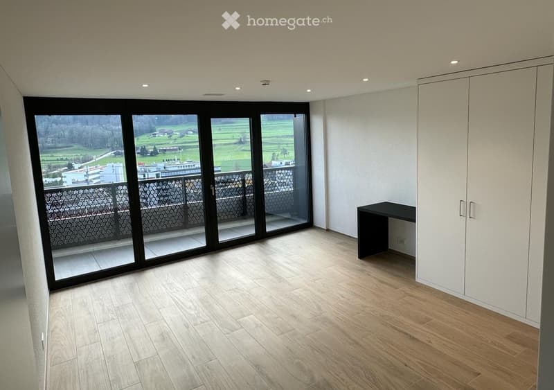 Empty room with wooden flooring, large sliding glass doors leading to a balcony, white built-in wardrobe, and a small black table.