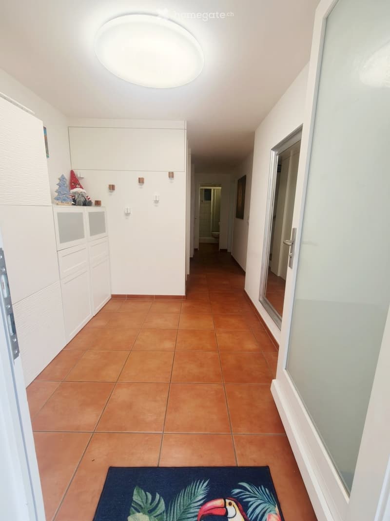 tiled floor, ceiling lamp, white walls, cabinet, hallway