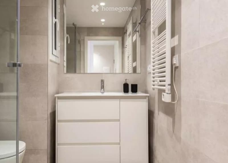 Modern bathroom with a white vanity, sink, mirror, and a glass-enclosed shower area.