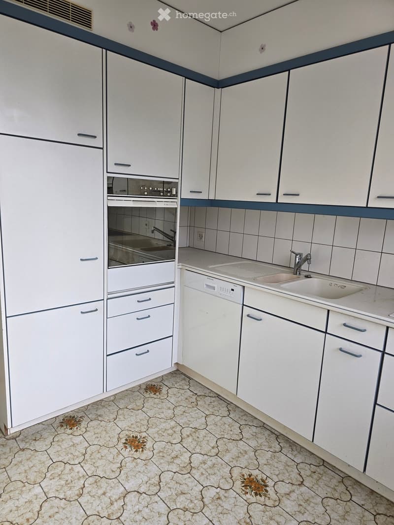 Modern kitchen with white cabinets, a sink, a dishwasher, and an oven. The floor features a patterned tile design with floral accents.