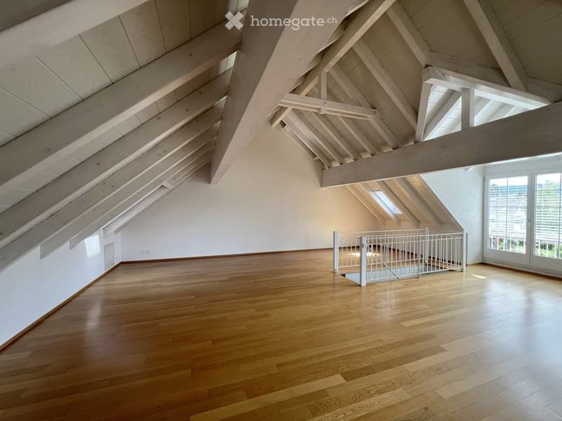 Empty attic space with wooden floors, white walls, exposed wooden beams, and skylights. A metal safety railing is visible near the center.