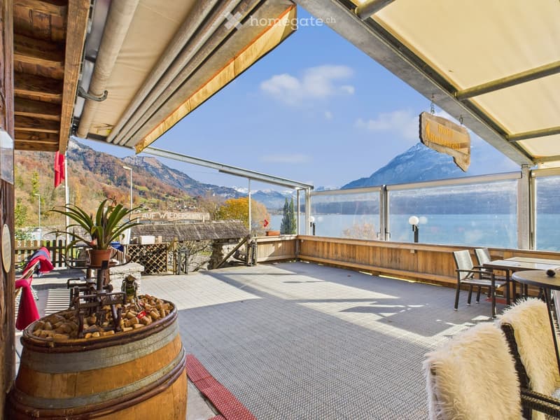 Outdoor terrace with wooden furniture, potted plant, scenic mountain and lake view.