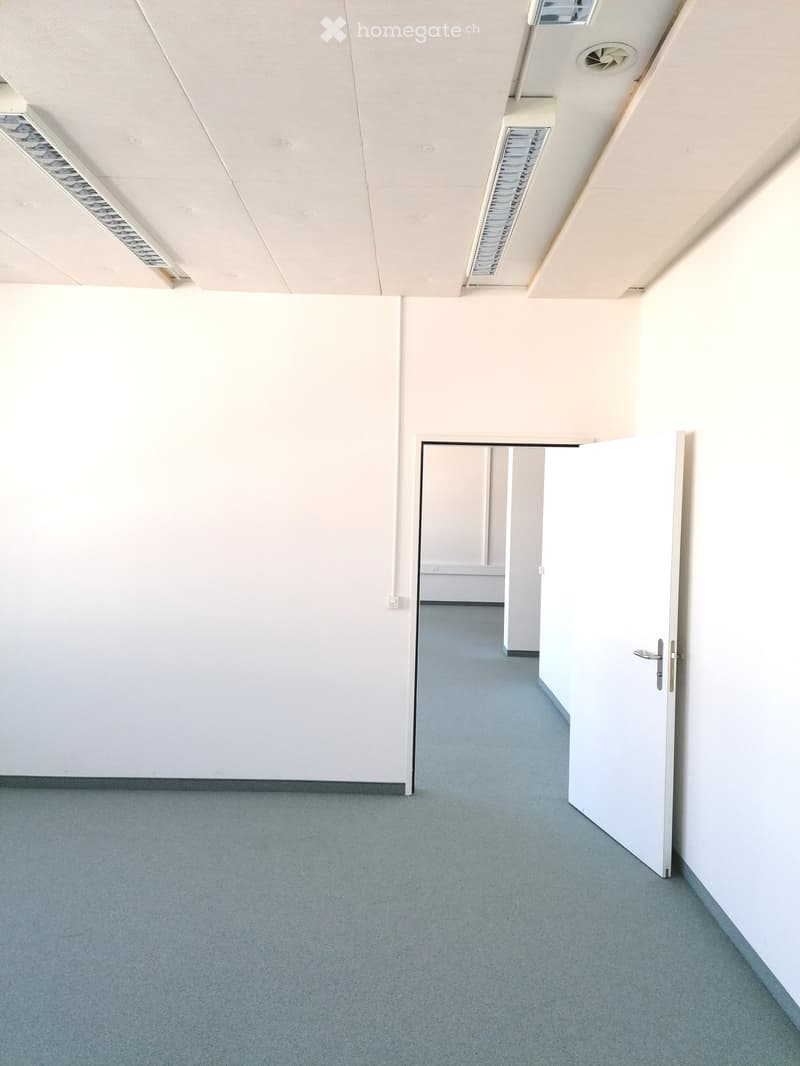 Empty office room with white walls and carpet flooring, an open door, a hallway with another room in the distance, and ceiling lights.