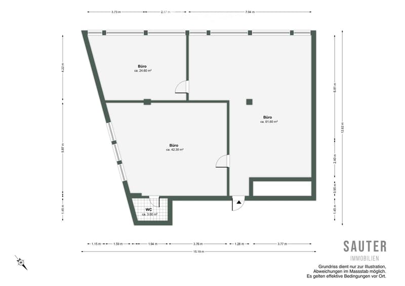 Floor plan showing three office spaces and a WC. Dimensions and approximate areas are labeled for each room.